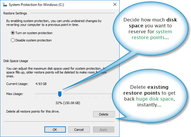 System restore settings dialogue box on Windows 10