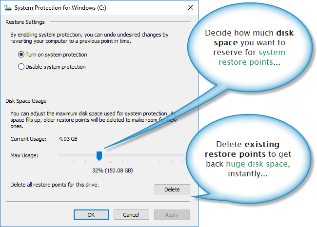 System restore settings dialogue box on Windows 10