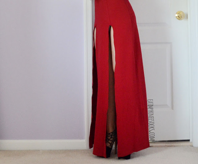 SheIn Fashion Review: Red Cutout Maxi Dress A bold, sexy formal outfit featuring the red cutout double slit Nightwalker Shera maxi dress dupe from SheIn, paired with black platform heels and silver jewelry.