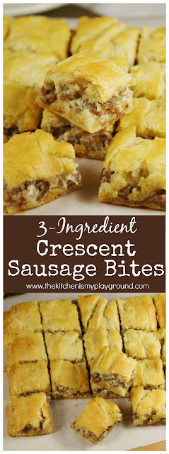 3-Ingredient Crescent Sausage Bites ~ Looking for easy #party food? These little bites are so easy to make, and ALWAYS a hit! #partyfood #gameday #crescentrolls  www.thekitchenismyplayground.com