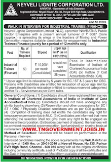 Applications are invited for Industrial Trainee in Finance Department Post in NLC WWW.TNGOVERNMENTJOBS.IN