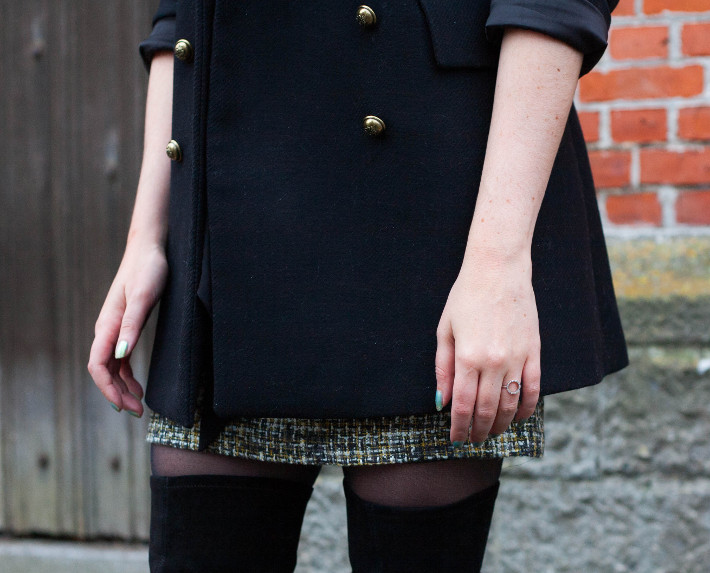 outfit: military coat, tweed skirt, thigh high boots