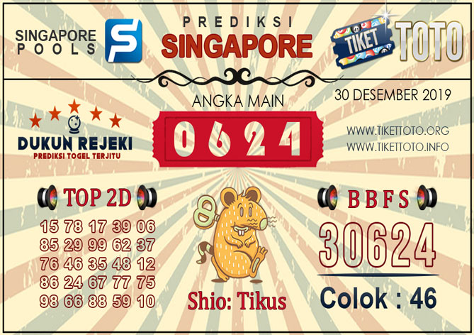 Prediksi Togel SINGAPORE TIKETTOTO 30 DESEMBER 2019