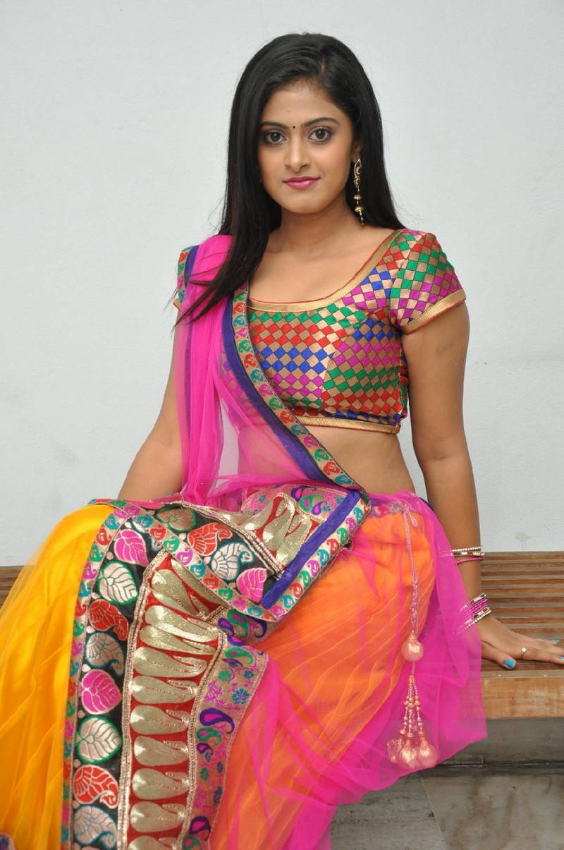 Beautiful Telugu Girl Megha Sri Long Hair Stills In Pink Lehenga Voni