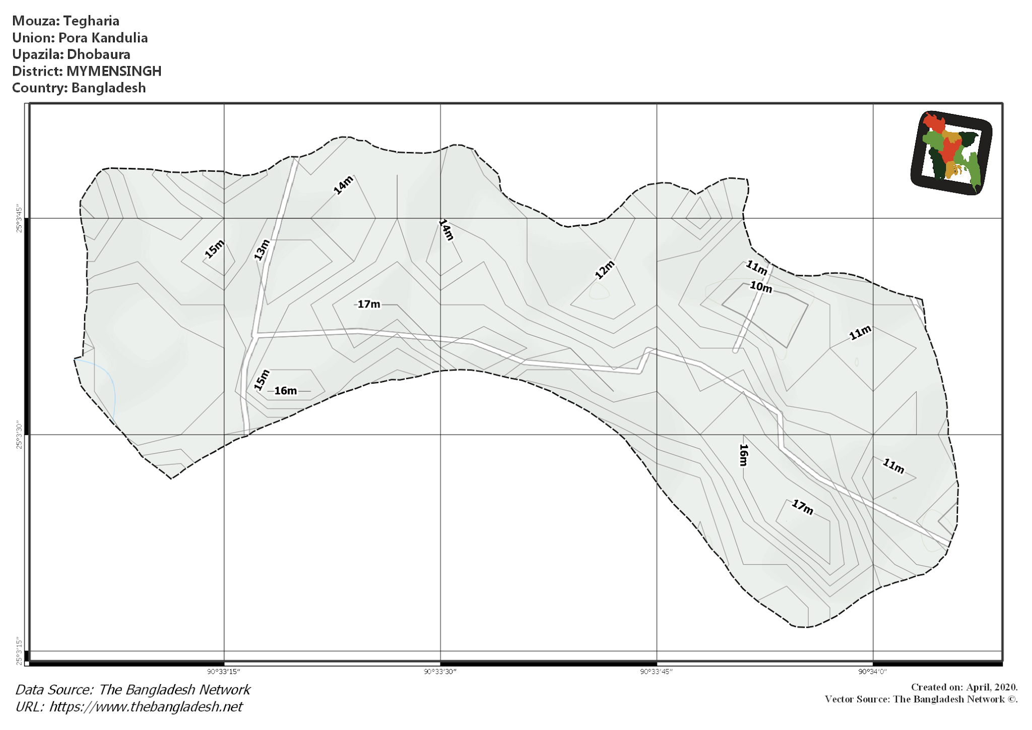 Map of Tegharia Mouza of Dhobaura Upazila, MYMENSINGH, Bangladesh.