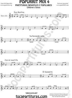 Mix 4 Partitura de Saxofón Alto y Sax Barítono Dos Ranitas, Ya lloviendo está, Con mi Martillo, El Gusanito Popurrí Mix 4 Sheet Music for Alto and Baritone Saxophone Music Scores