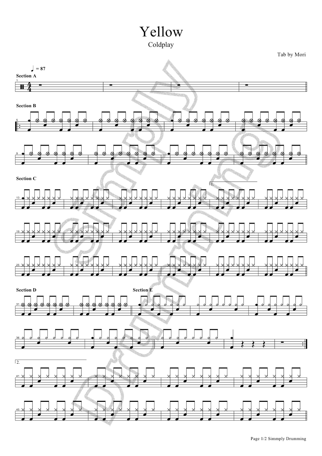 Coldplay Yellow Drum Sheet Music