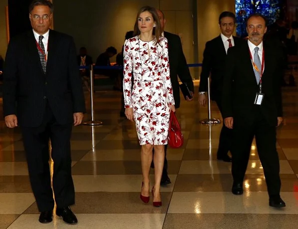 Queen Letizia wears Caroline Herrera Floral Inspired Dress, Lodi red pumps