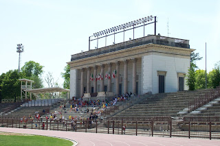 The neoclassical main grandstand at the Arena Civica sports stadium in central Milan