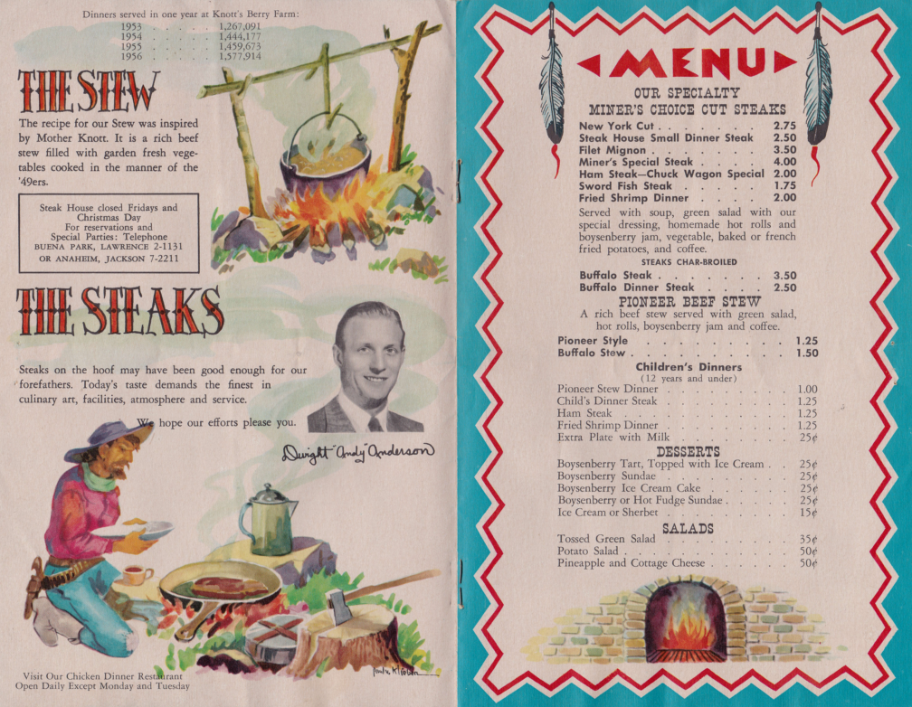 Nostalgia on Wheels Knott's Berry Farm Steakhouse Menu 1957
