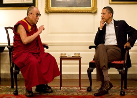 Barrack Obama listening to Dalai lama. Barrack Obama listening to Dalai lama.