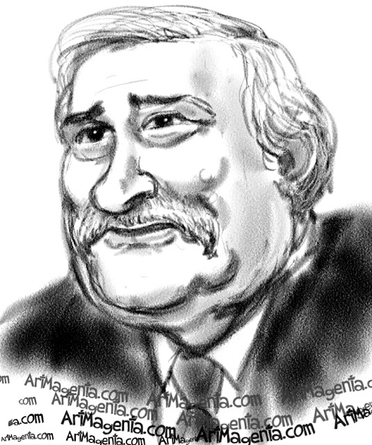 Lech Walesa caricature cartoon. Portrait drawing by caricaturist Artmagenta.