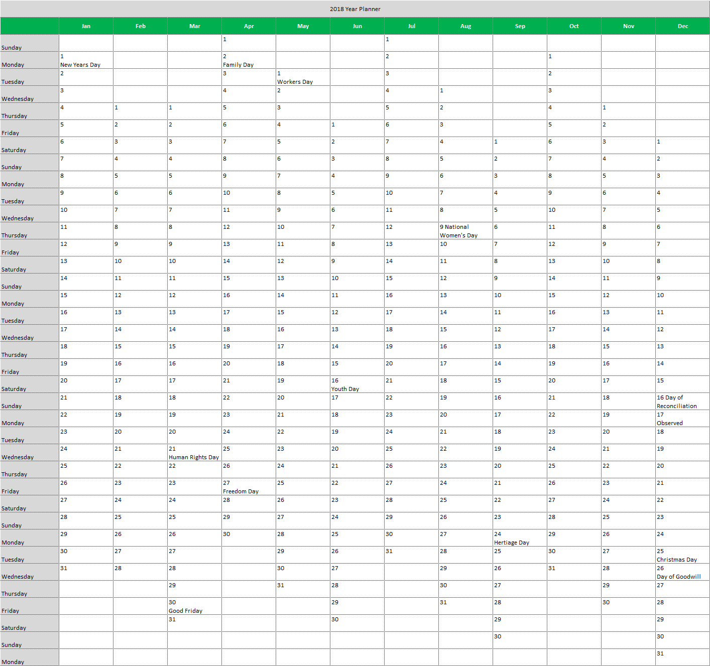 printable year planner 2018