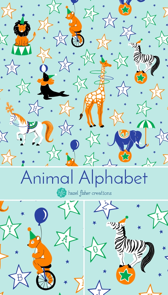 Circus, Animal Alphabet fabric design by Hazel Fisher Creations, Spoonflower weekly design challenge entry, surface pattern design Circus, Animal Alphabet fabric design by Hazel Fisher Creations, Spoonflower weekly design challenge entry, surface pattern design