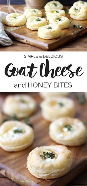 Savory Goat Cheese and Honey Bites are the perfect appetizer recipe for your next gathering or holiday party. Flaky pastry topped with creamy goat cheese, sweet honey and thyme make an easy entertaining idea! #goatcheeserecipe #puffpastry