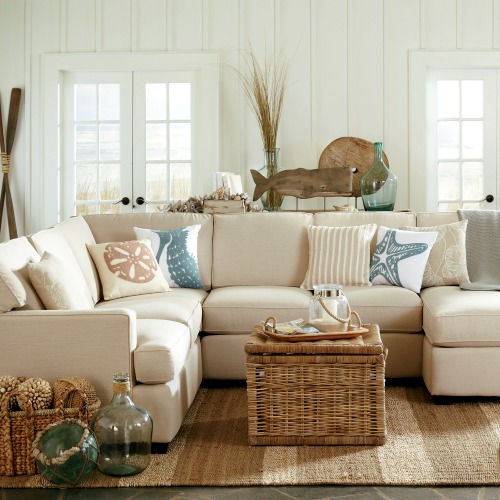 Nautical Neutral Living Room with Whale on Stand