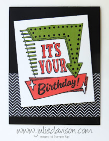 Stampin' Up! Marquee Messages Paper Piecing Birthday card for #GDP089 ~ Color Challenge: Basic Black, Old Olive, Calypso Coral ~ www.juliedavison.com