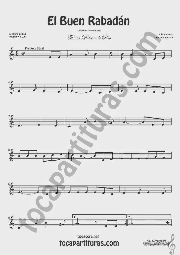 El Buen Rabadán Partitura de Flauta dulce y flauta de pico Villancico fácil Sheet Music for Recorder Carol Chrismtas Song 