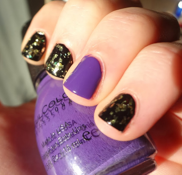 Sinful Colors Amethyst, black nails with gold flakes, halloween nails, witch colors
