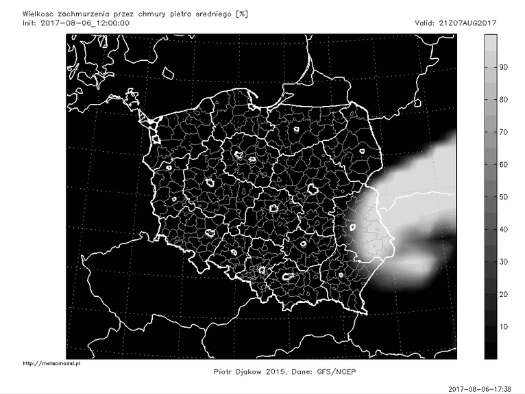 Ostatnia przed publikacją tekstu prognoza modelu GFS - zachmurzenie piętra średniego 7 sierpnia o godz. 21:00 CEST. Źródło: meteomodel.pl