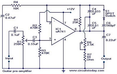 uA 741 Pre-amplifier Guitar Schematic ~ Hobi Elektronika
