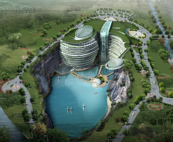 Diseño de hotel de lujo con cascada en China.