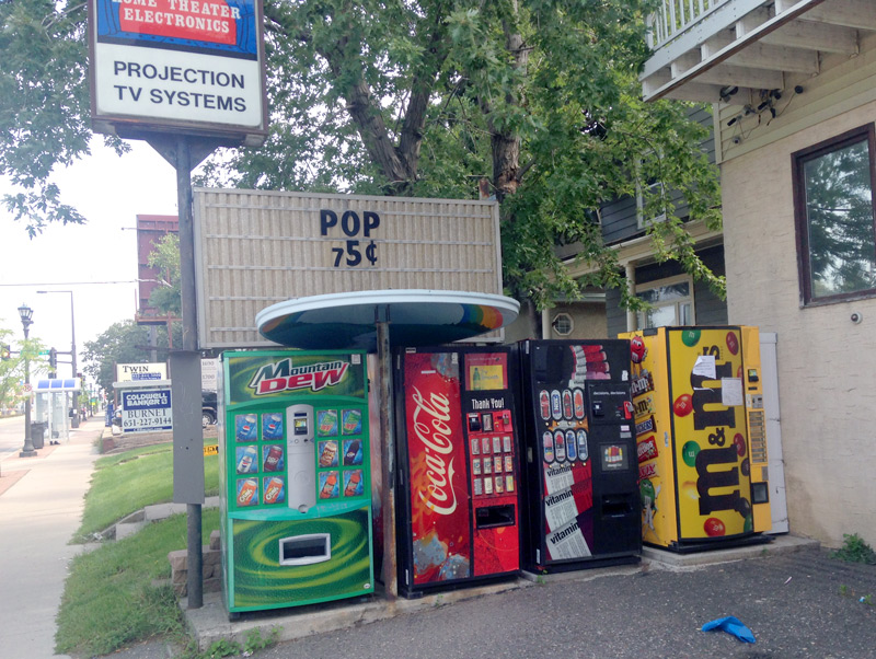 twin city sidewalks: Six Outdoor Pop Machines