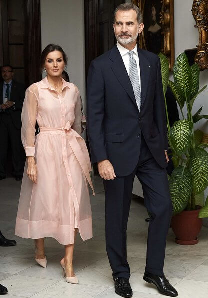 Queen Letizia wore a new semi-sheer organza midi dress by Maje. Maje Roane organza shirt dress. Steve Madden suede pumps