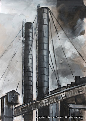 ink wash and gouache drawing on paper of White Bay Power Station, Rozelle by artist Jane Bennett