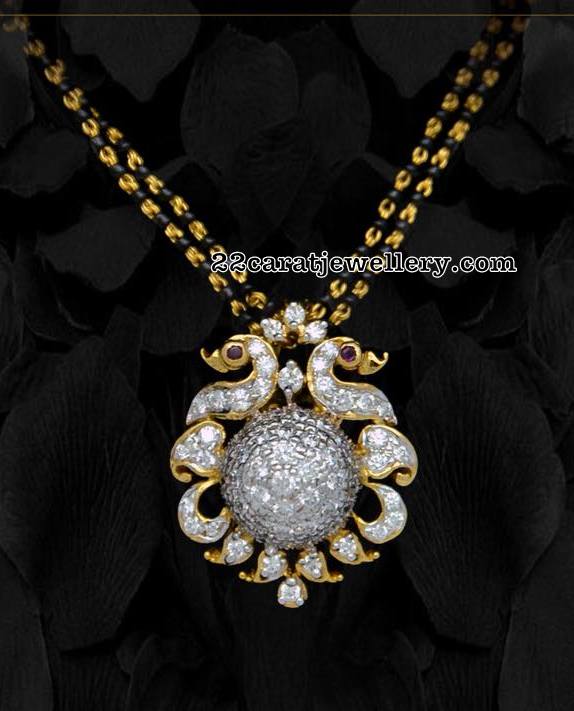 Black Beads Sets Or Diamond Mangalsutra Jewellery Designs - Nallapusalu With Diamond Pendant Black Beads Sets Or Diamond Mangalsutra Jewellery Designs - Nallapusalu With Diamond Pendant