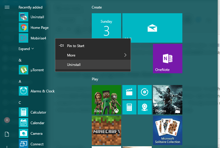 remove programs from start menu Windows 10