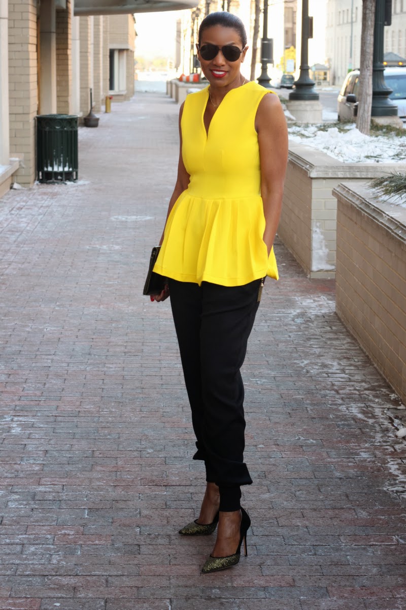 Peplum top made with bright yellow wool from Mood Fabrics.