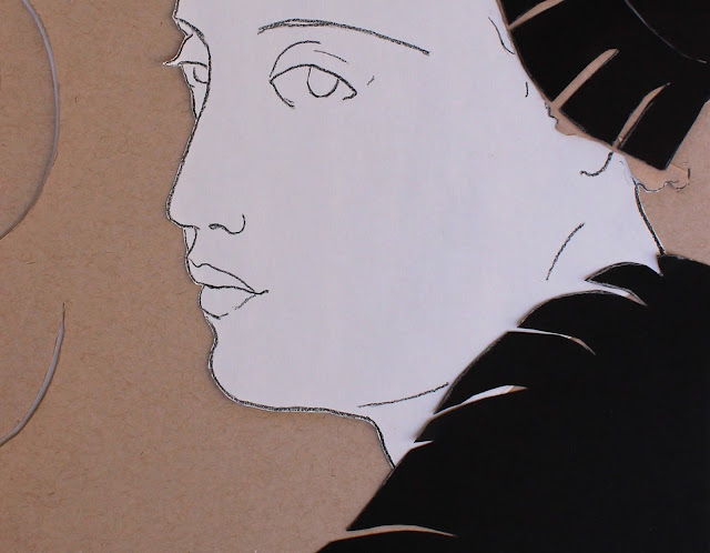 Winter, detail. Sarah Myers. winter, season, personification, sarah, myers, art, artist, arte, cold, fur, collar, coat, hat, feathers, wind, paper, paper-cut, cut, decoupe, line, charcoal, line-drawing, decoupage, collage, artwork, minimalism, minimal, figurative, woman, coat, white, black, brown, detail, close-up, eyes, mouth