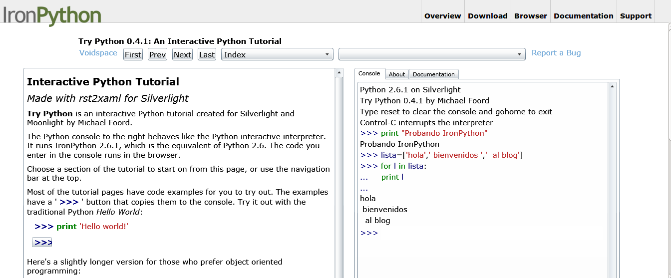 Prueba IronPython en tu navegador