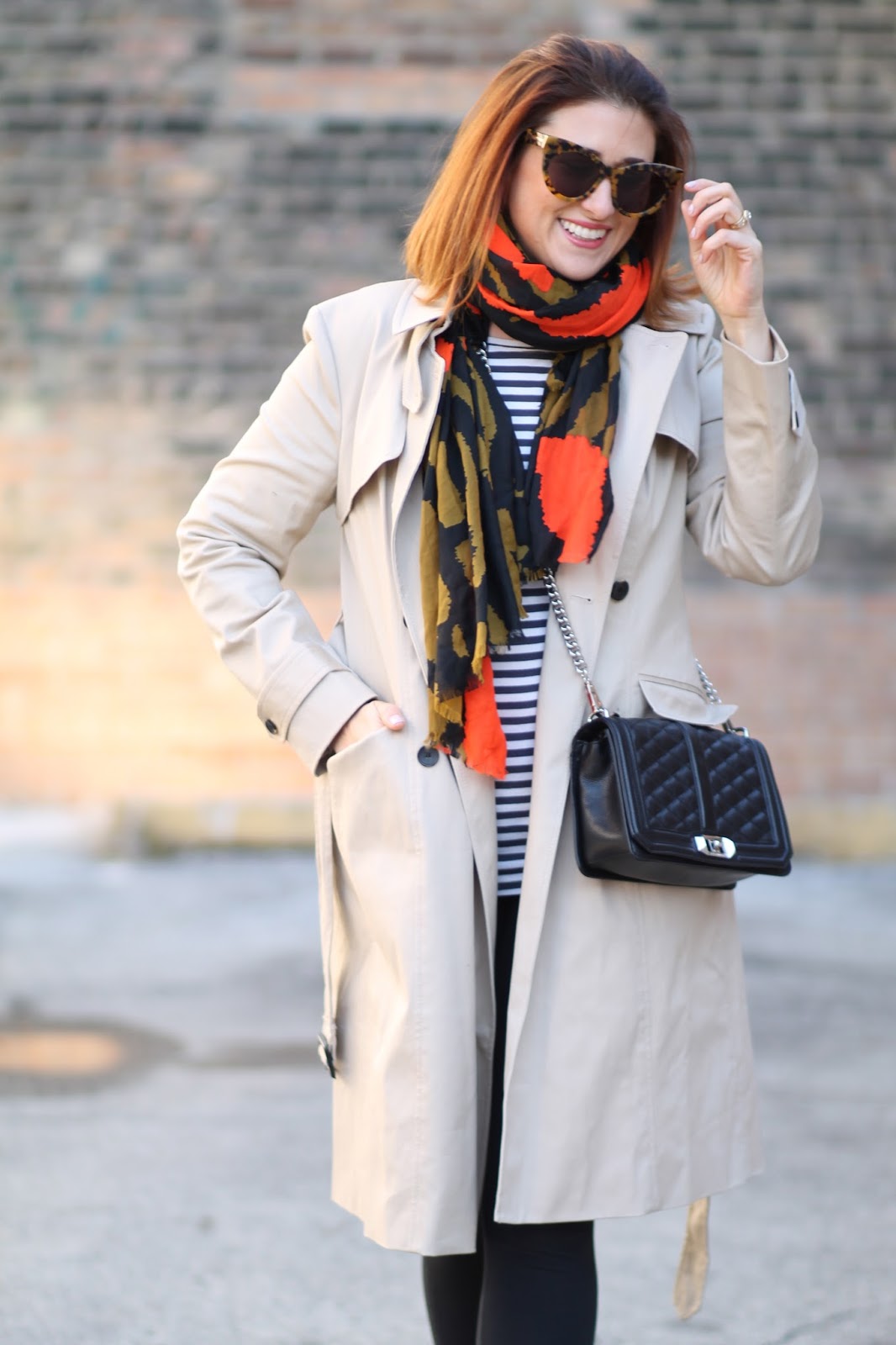 converse, red hair, causal outfit, trench coat, striped tee, outfit ideas, rebecca minkoff love crossbody, karen walker sunglasses