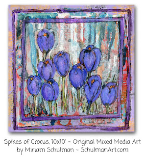 crocus painting | floral art | flower painting | purple flowers | https://www.schulmanart.com/collections/spring-collection/products/crocus-original-mixed-media-art