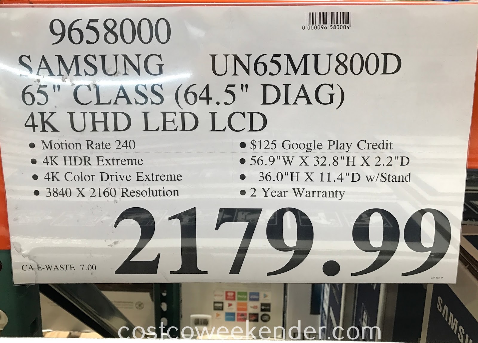 Samsung UN65MU800D 65" 4K UHD LED LCD TV Costco Weekender