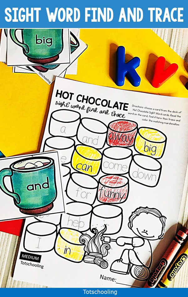 FREE printable Winter themed Sight Word activity featuring hot chocolate and marshmallows. Kindergarten kids will love to practice reading the sight words, then tracing and coloring the marshmallows. Great Winter literacy activity!