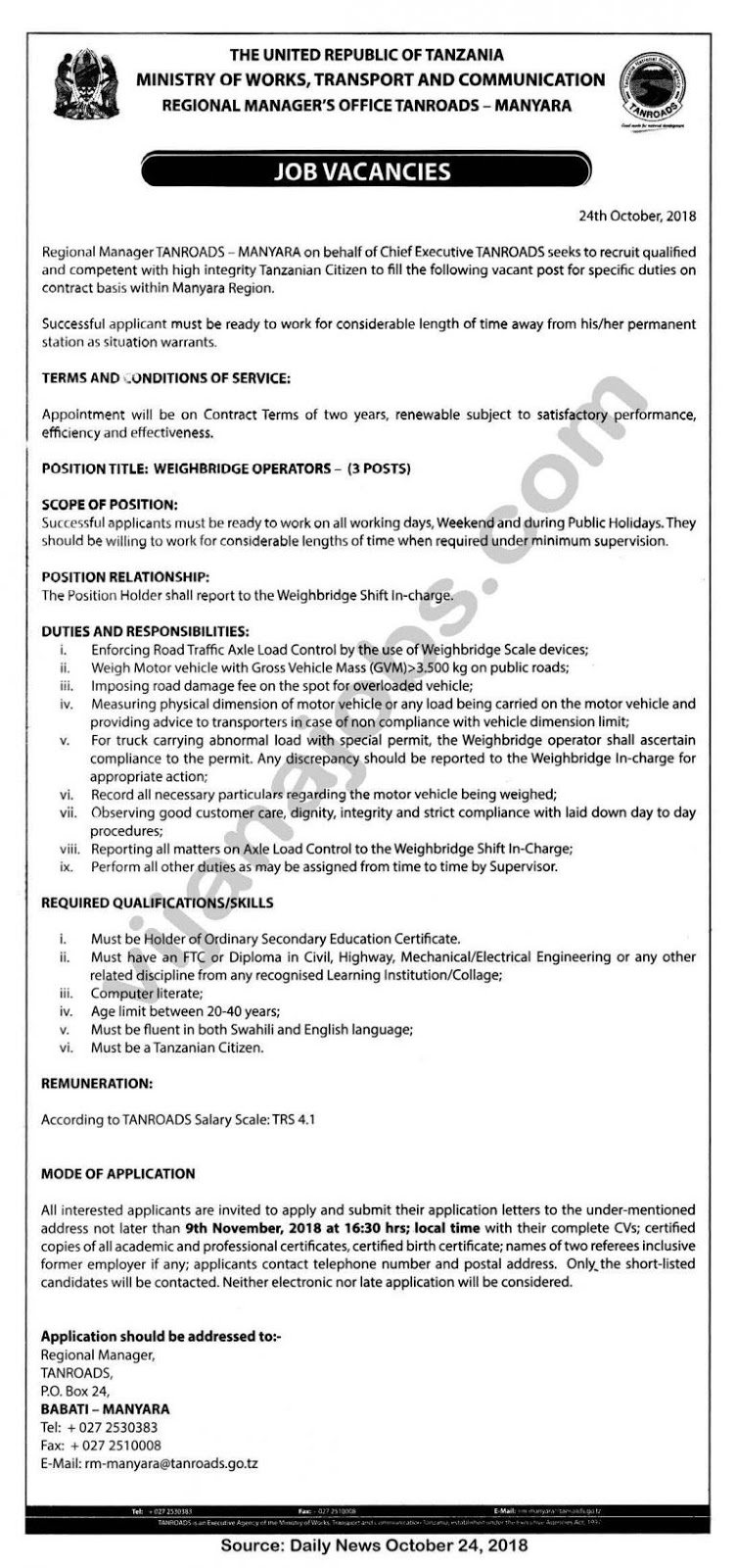 Job Opportunities at TANROADSManyara, Weighbridge Operators Jobs in