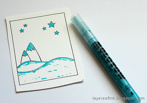 Layers of ink - Dimensional Winter Scene in an Altered Tin Tutorial by Anna-Karin Evaldsson, masking pen.