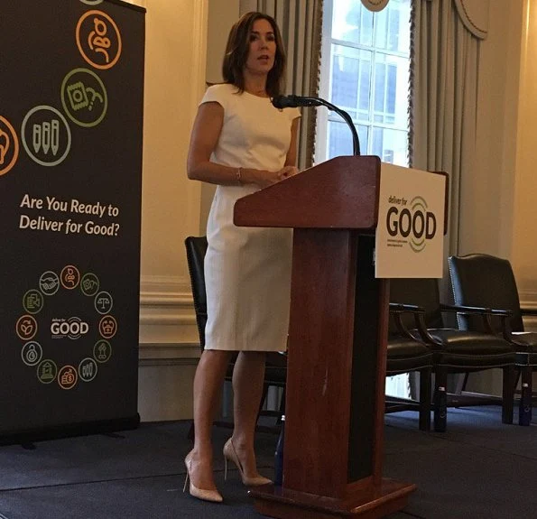 Princess Mary wears Cartier Love gold diamond bracelet, prada dress and shoes at Chibok and Yazidi girls and women conference