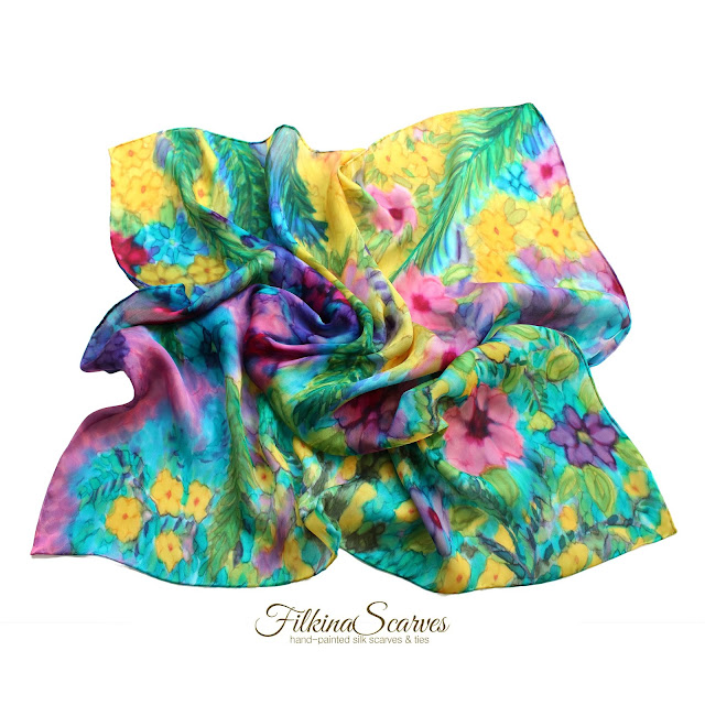 ORDER on my Etsy shop: https://www.etsy.com/shop/FilkinaScarves ****** OOAK Summer Floral small Square scarf Silk chiffon HAND-PAINTED neckerchief Unique women mother grandmother gift for her 26 in  #mothergifts #silkscarf #filkinascarves #chiffon #silkpainting #womensfashion #chicscarves #womensgifts #Momgifts #mothersdaygifts