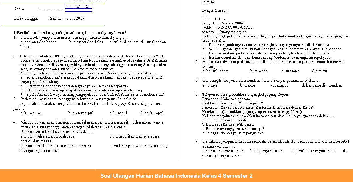 Soal Ulangan Harian Bahasa Indonesia Kelas 4 Semester 2