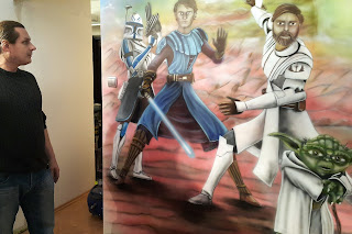 Malowanie grafitti w pokoju chłopca pokój nastolatka, aranżacja scian, malowanie motywu z gwiezdnych wojen, mural gwiezdne wojny