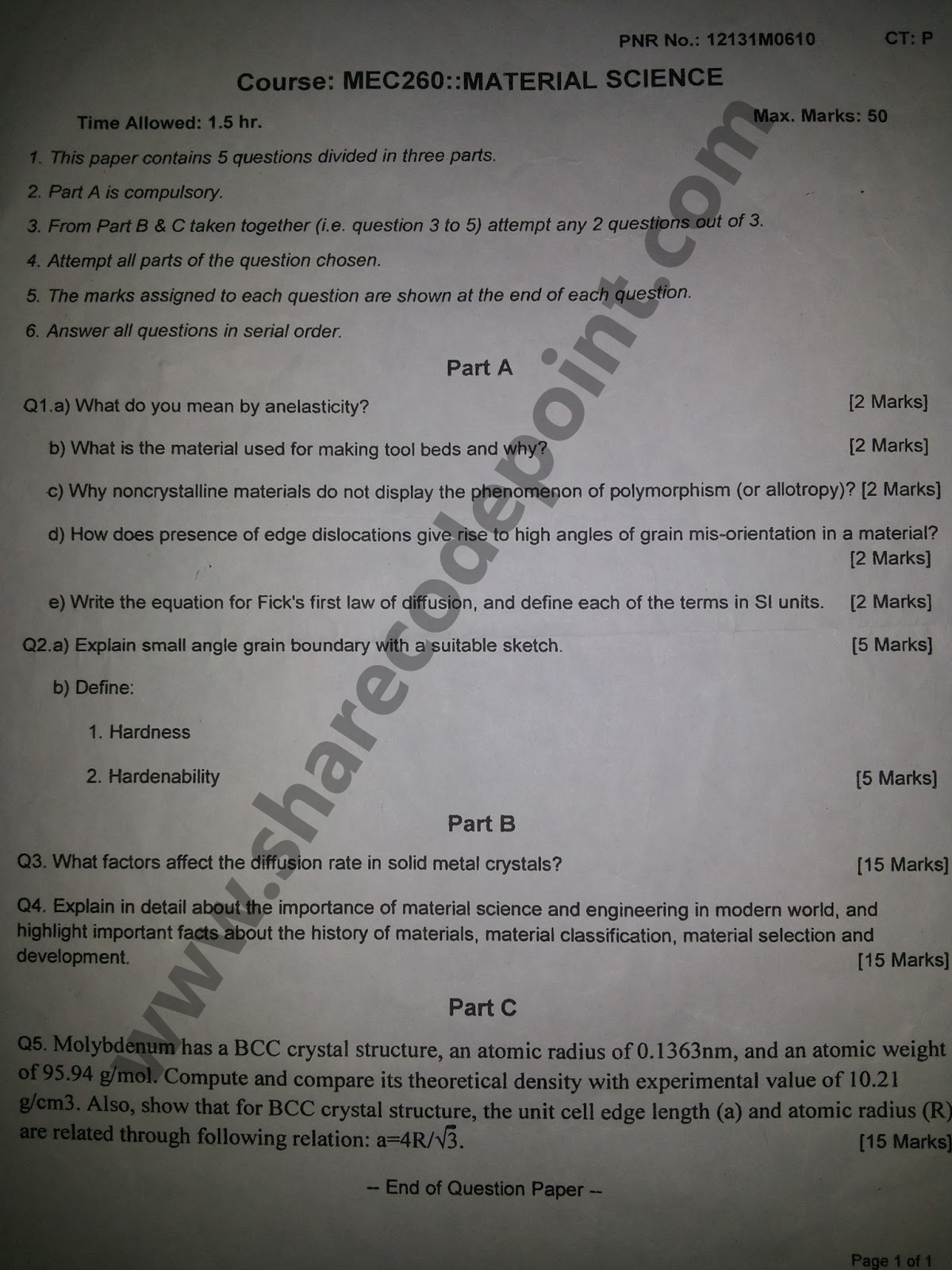 MEC260 Material Science Mid Term Exam Question Paper MEC 260 Lpu
