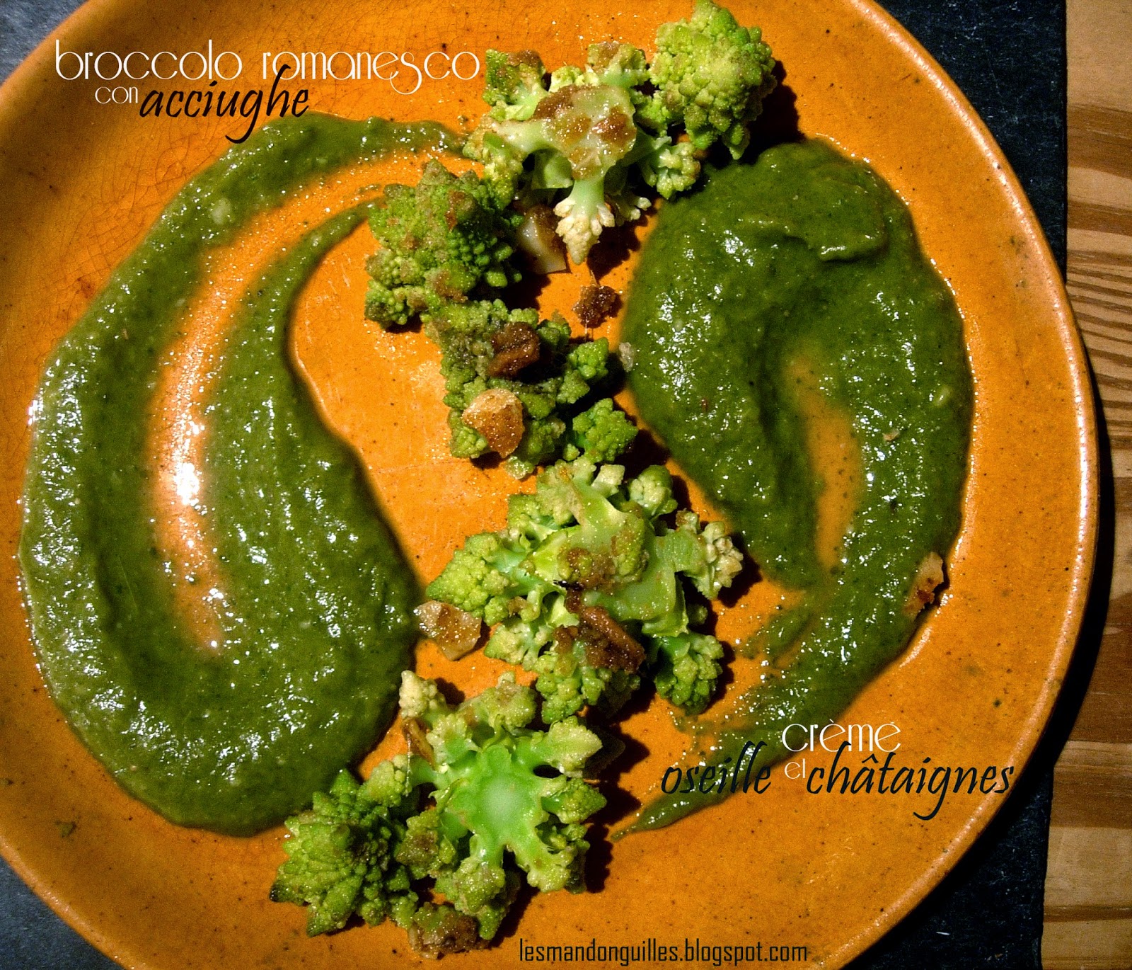 broccolo romanesco saltato con acciughe e crema d' acetosa e castagne