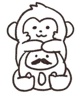 ダルマを抱えている猿のイラスト（申年）モノクロ線画