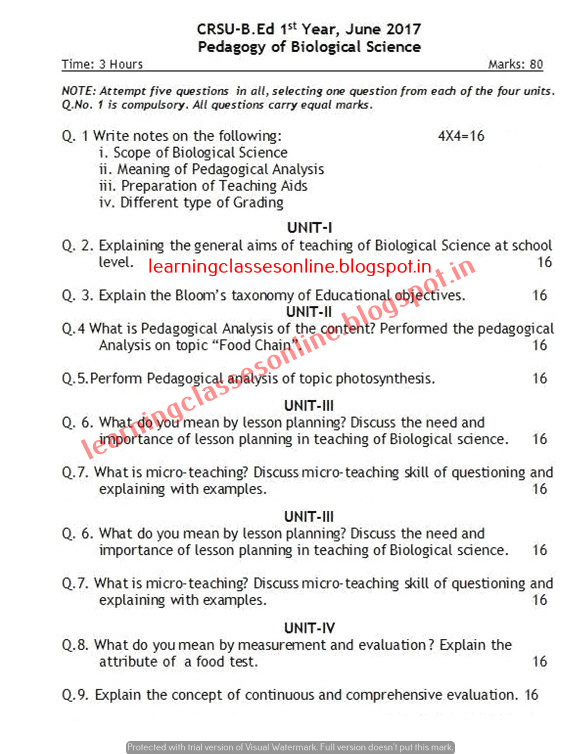 Pedagogy of Biological science 2017 Question Paper