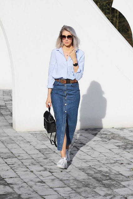 15 Ideias de looks tumblr com saia jeans midi