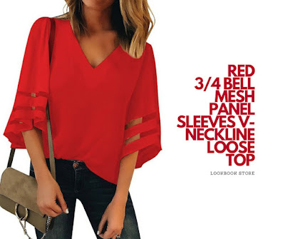 Lookbook Store Red 3/4 Bell Mesh Panel Sleeves V-Neckline Loose Top